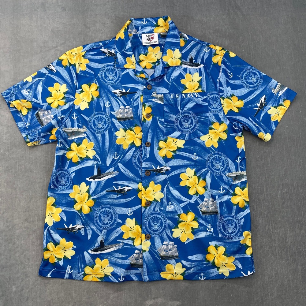 US Navy Mens‎ Large Blue Yellow Hawaiian Button Down SS Aloha Shirt AE Sport